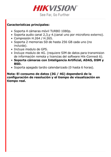 DVR Móvil 2 Megapixel (1080p) / 4 Canales TURBOHD / Tecnología IA Integrada / Soporta 4G / GPS / Sensor G / Soporta 2 Memorias SD (512 GB Total) / Alarmas I/O