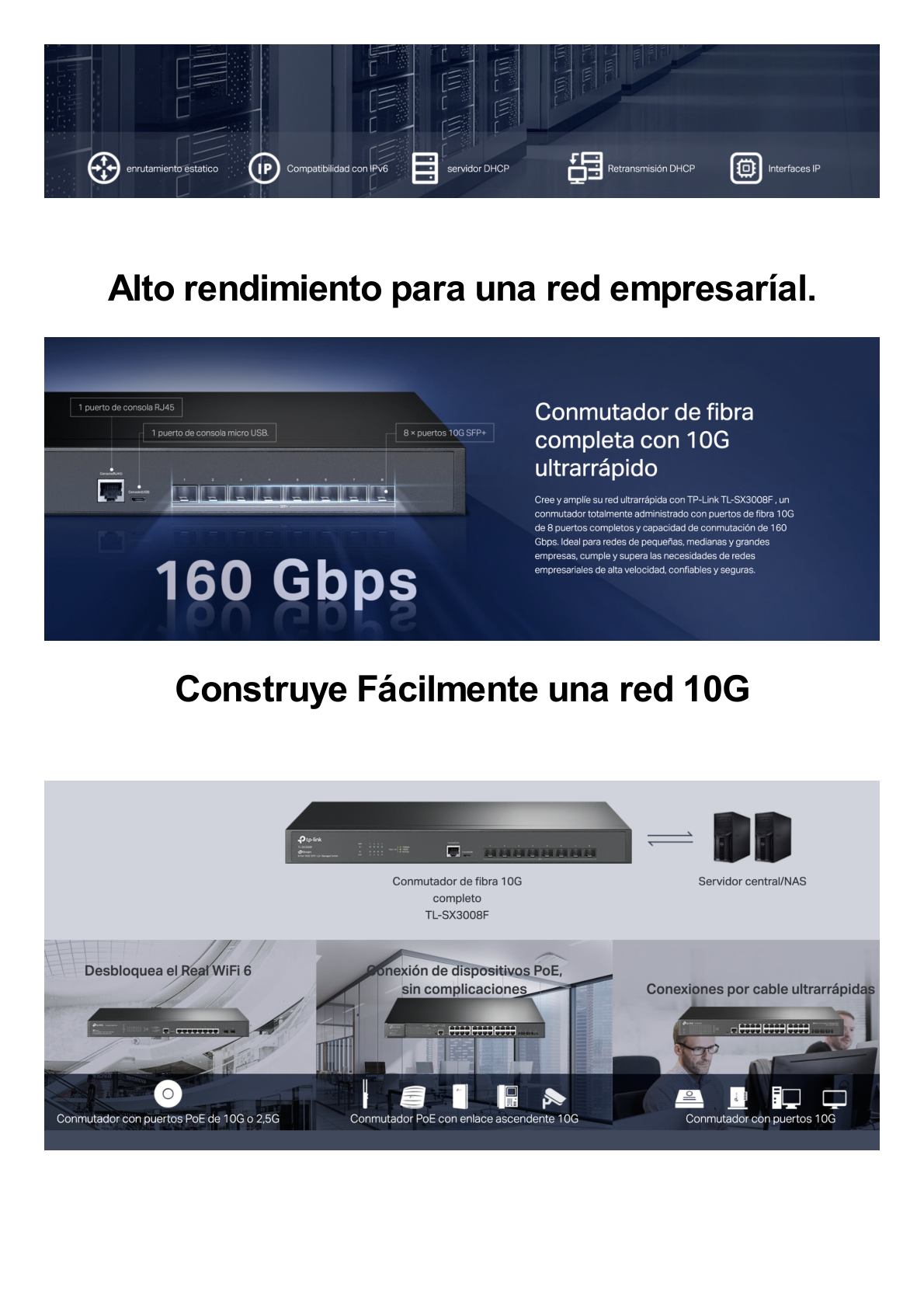 Switch Fibra Óptica L2+ Omada / 8 Puertos SFP+ 10G /  2 Puertos Consola (RJ45 y micro-USB) / Administración Centralizada Omada o Stand-Alone / Multicast IGMP / Calidad de Servicio / Montaje en Rack / Silencioso (sin ventiladores)