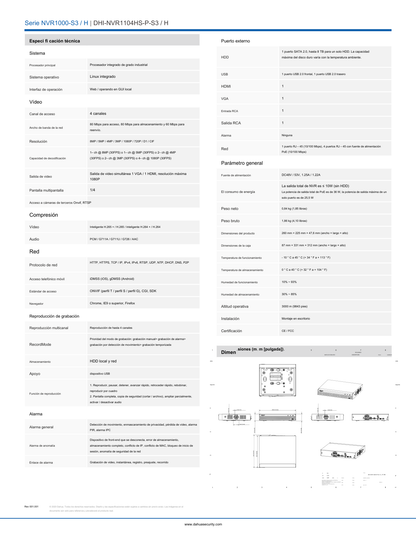 NVR DahuaDHI-NVR1104HS-P-S3/H 8 mpx 4k 4 canales ip 4 puertos PoE rendimiento de 80mbps salida de video HDMI&VGA 1 bahia de disco duro