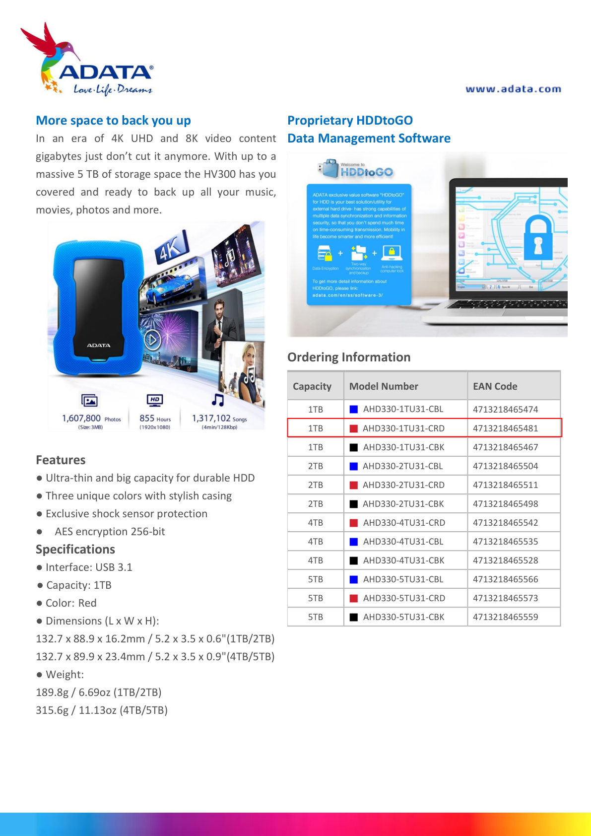 HD EXT 1 TB ADATA 2.5 USB 3.1 AHD330-1TU31-CRD CONTRA GOLPES ROJO