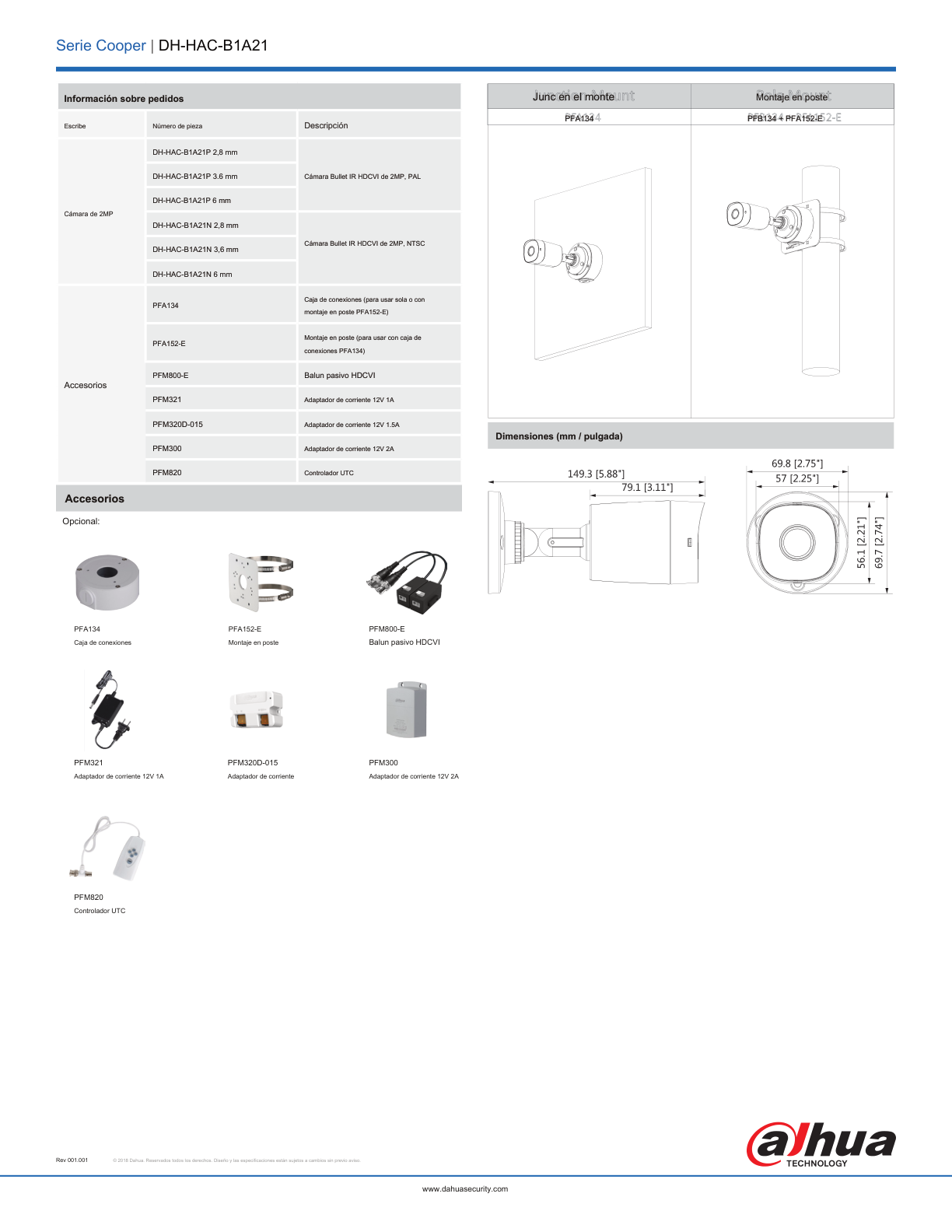 Camara Dahua DH-HAC-B1A2N bullet 2 mpx 1080p lente 2.8mm IR 20 m exterior 100 gds IP67