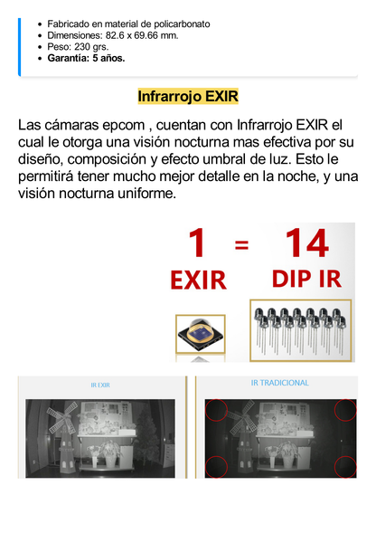 Turret TURBOHD 5 Megapíxel / 85° de Visión / Lente 2.8 mm / Interior / IR EXIR 20 mts / TVI-AHD-CVI-CVBS / Policarbonato