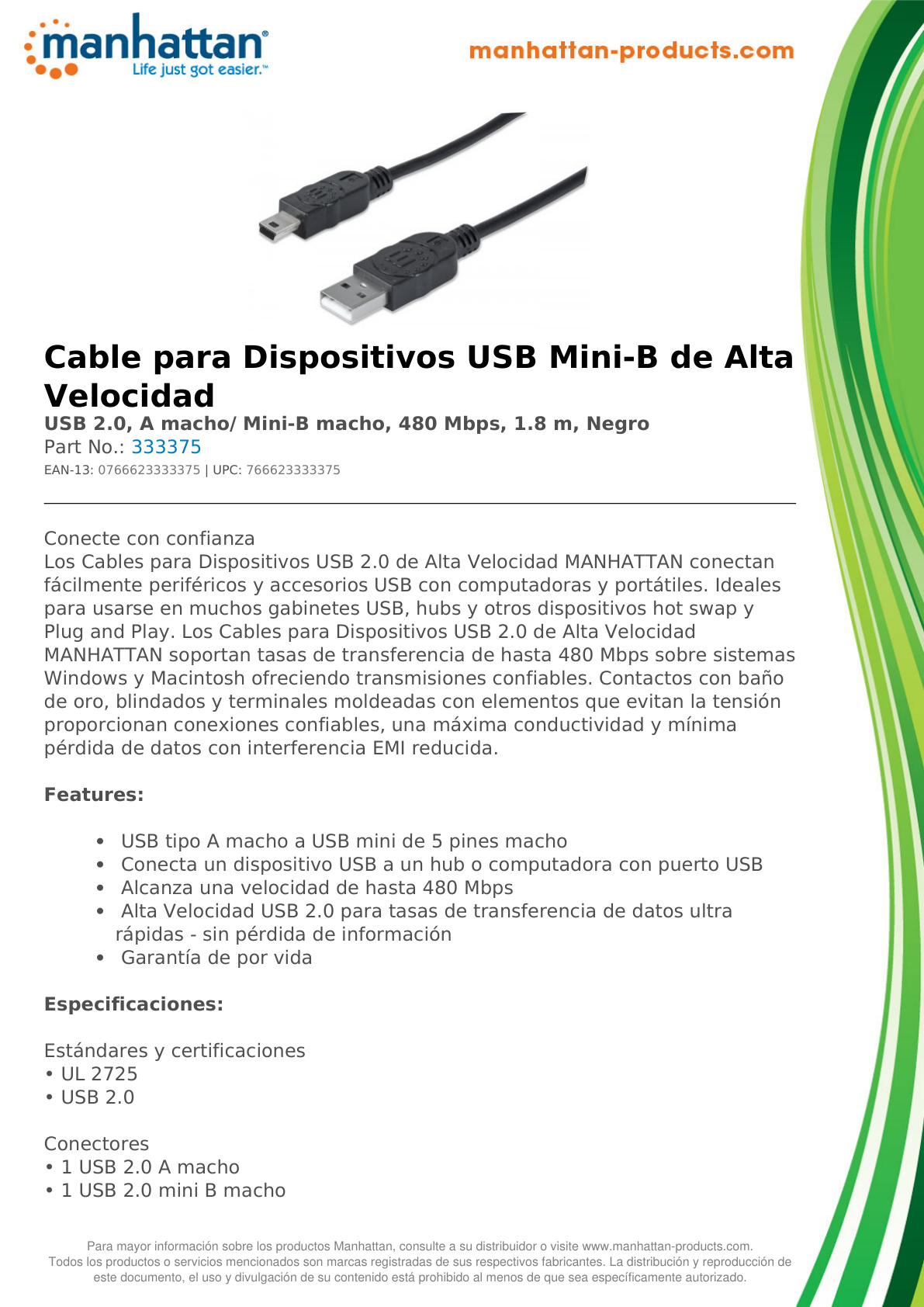 CABLE USB V2.0 A- MINI B 1.8M NEGRO