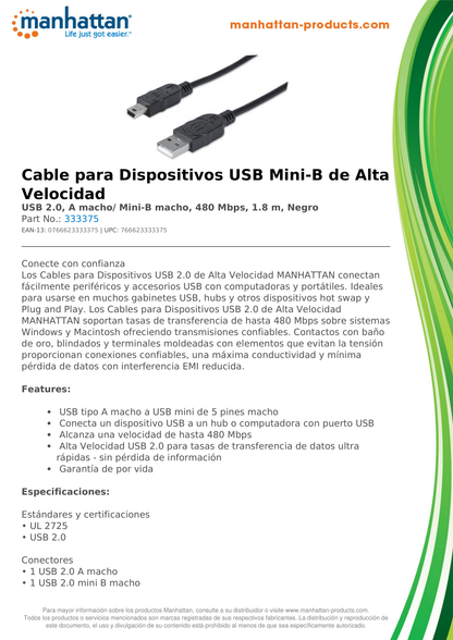 CABLE USB V2.0 A- MINI B 1.8M NEGRO