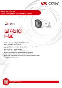 Camara Hikvision Bullet Turbohd 2 Mpx Lente 2.8 mm Ir 40mts Metalica Exterior DS-2CE12DF3T-PIRXOS Sirena y Salida Audio integrado / Microfono