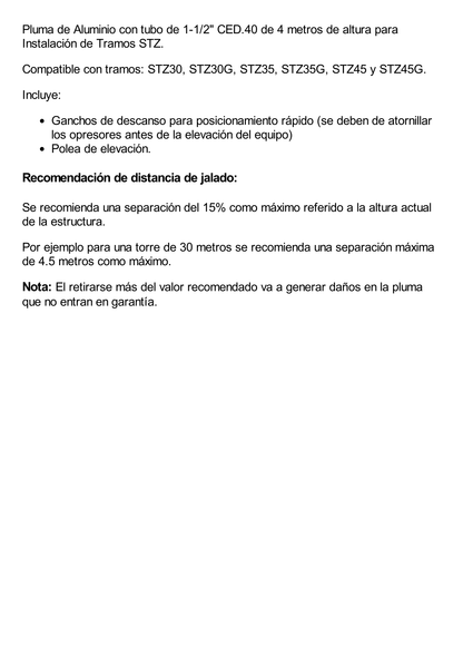 Pluma de Aluminio de 4 metros CED.40  para Instalación de Tramos STZ (Con Polea).