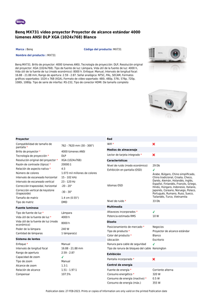 PROYECTOR BENQ DLP MX731 XGA 1024*768 HD 4000L  HDMI x 2  RJ45  Bocina 10 Watts x 2