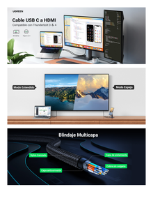 Cable USB-C 3.1 a HDMI 4K | 1.5m | Compatible con Thunderbolt 3 & 4 | Adaptador Tipo-C a HDMI | 4k@60Hz | Soporta Modo Espejo y Modo Extendido | Carcasa de Aluminio | Nylon Trenzado | Conector Niquelado | Blindaje Multicapa.