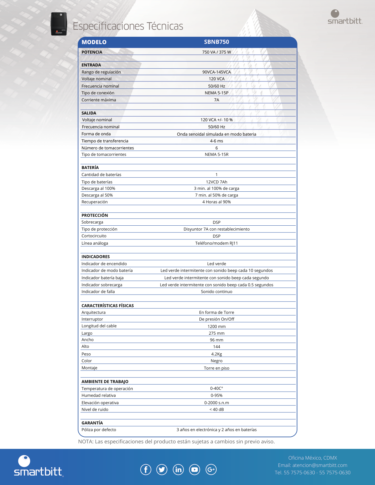 UPS interactivo Smartbitt SBNB750 750VA/375W 120V torre 6 NEMA 5-15R con respaldo batería regulación y supresor picos