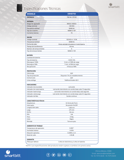 UPS interactivo Smartbitt SBNB750 750VA/375W 120V torre 6 NEMA 5-15R con respaldo batería regulación y supresor picos