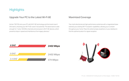 Adaptador inalámbrico PCIe TP-Link Archer TXE75E Wi-Fi 6E AXE5400 Tri-banda 6GHz+5GHz+2.4GHz Bluetooth 5.2 base con 2 antenas