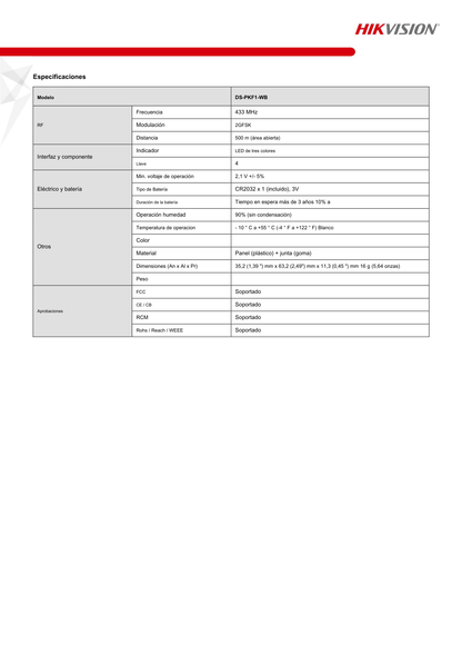 Control Hikvision DS-PKF1-WB remoto para armado y desarmado teclas con funciones programables