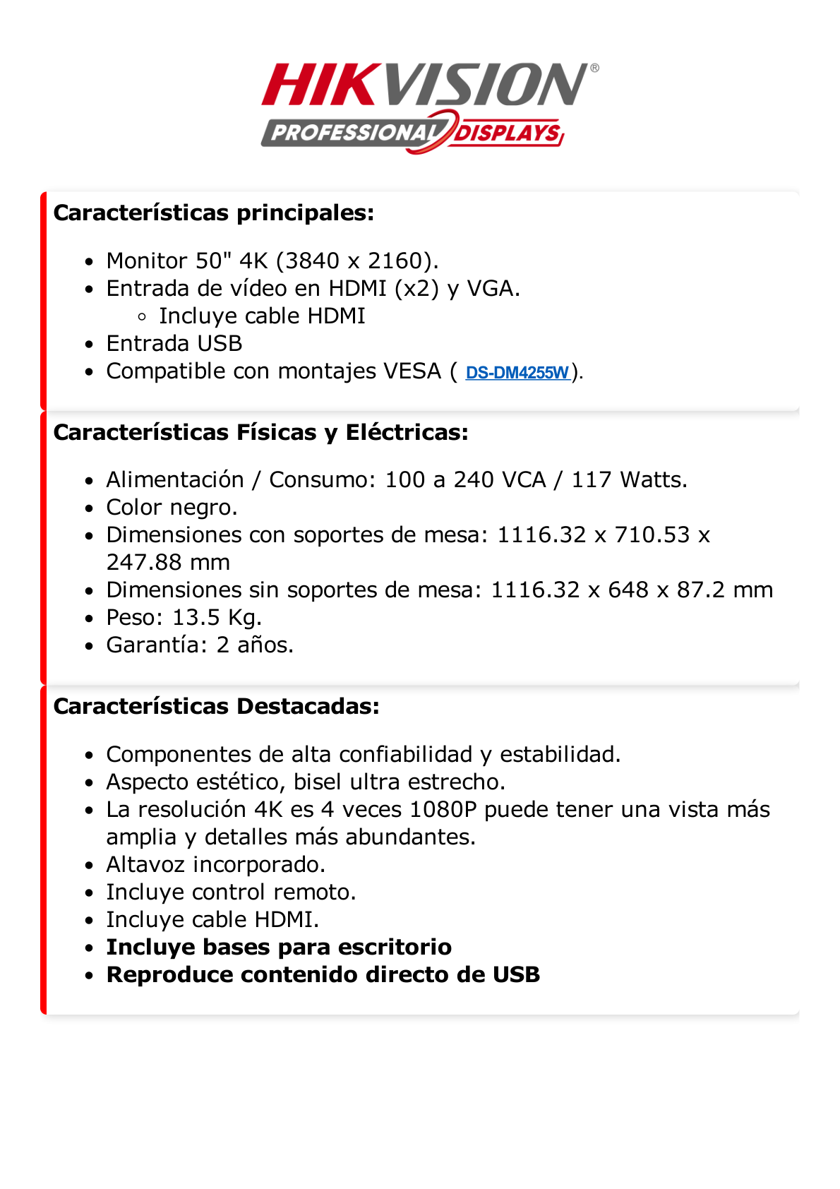 Monitor LED 4K de 50" / Entrada HDMI-VGA / Compatible con Montaje VESA (200 X 200) / Bocinas Integradas / Uso 24/7