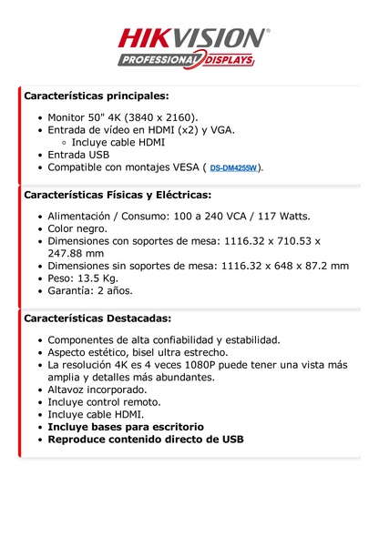 Monitor LED 4K de 50" / Entrada HDMI-VGA / Compatible con Montaje VESA (200 X 200) / Bocinas Integradas / Uso 24/7