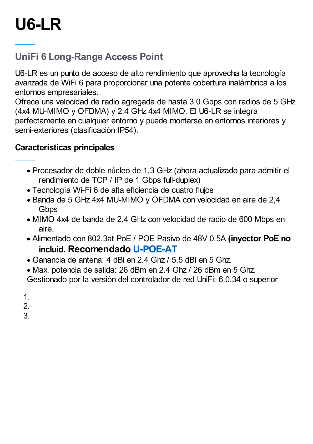 Punto de Acceso UniFi WiFi 6 Long Range doble banda, 5 GHz (4x4 MU-MIMO y OFDMA) y 2.4 GHz 4x4 MIMO