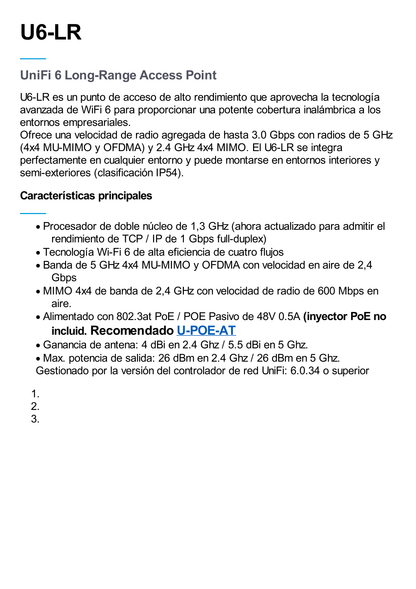 Punto de Acceso UniFi WiFi 6 Long Range doble banda, 5 GHz (4x4 MU-MIMO y OFDMA) y 2.4 GHz 4x4 MIMO