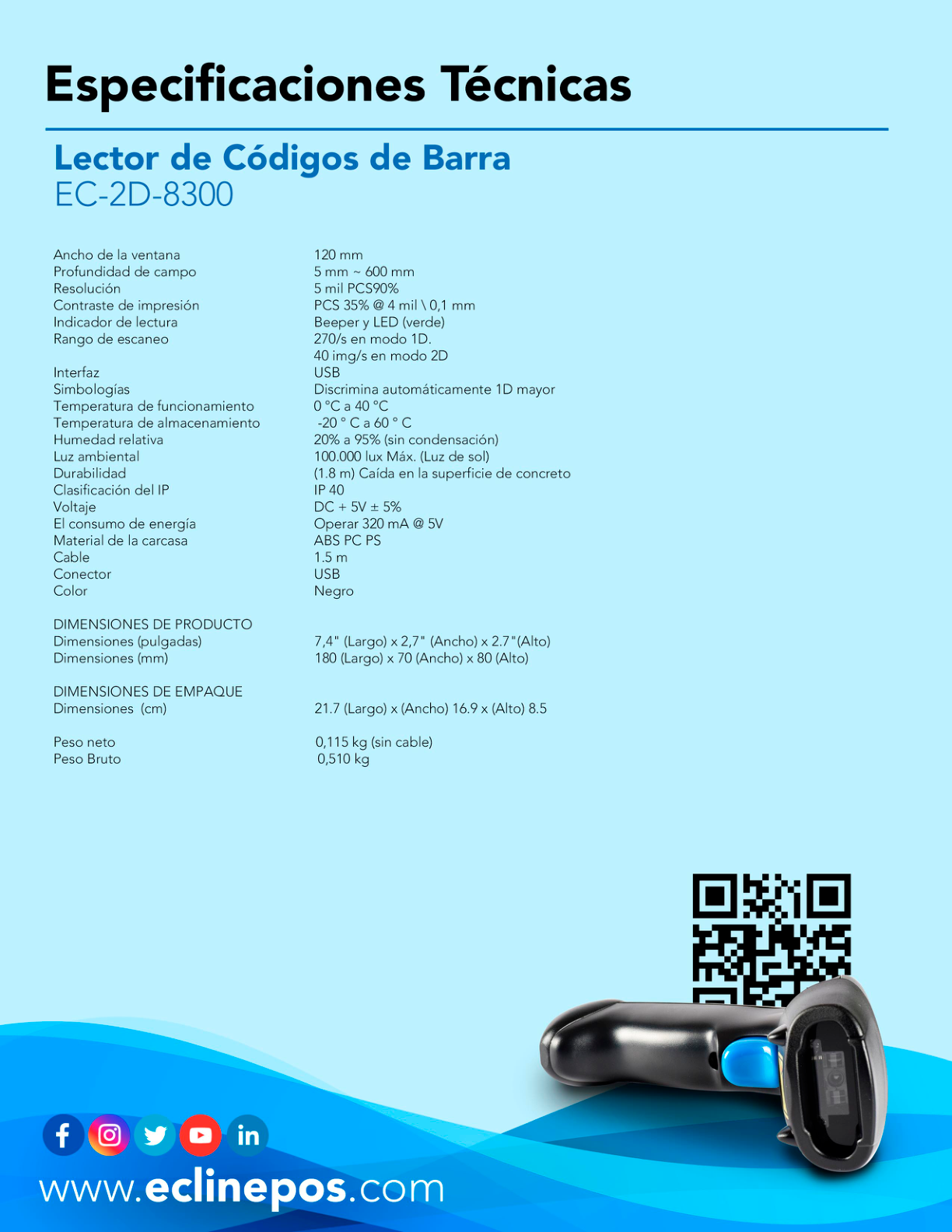 LECTOR DE CODIGO DE BARRAS EC LINE 8300  1D  2D  Y PDF417  40 LECTURAS  USB INCLUYE CABLE USB  SIN BASE