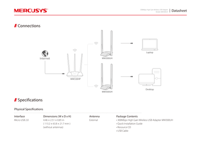 Adaptador inalámbrico USB 2.0 Mercusys MW300UH N 300Mbps 2.4GHz de alta ganancia 2 antenas 5dBi 2x2 MIMO