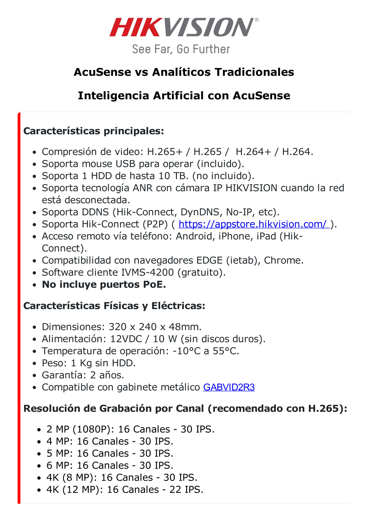 NVR 12 Megapixel (4K) / 16 canales IP / AcuSense (Evita Falsas Alarmas) / Reconocimiento Facial / 1 Bahía de Disco Duro  / HDMI en 4K / Sin Puertos PoE+