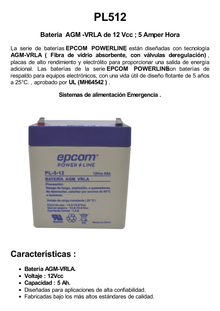 Batería 12 Vcc / 5 Ah / UL / Tecnología AGM-VRLA / Para uso en equipo electrónico Alarmas de intrusión / Incendio/ Control de acceso / Video Vigilancia / Terminales F1 / Cargador recomendado CHR-80.