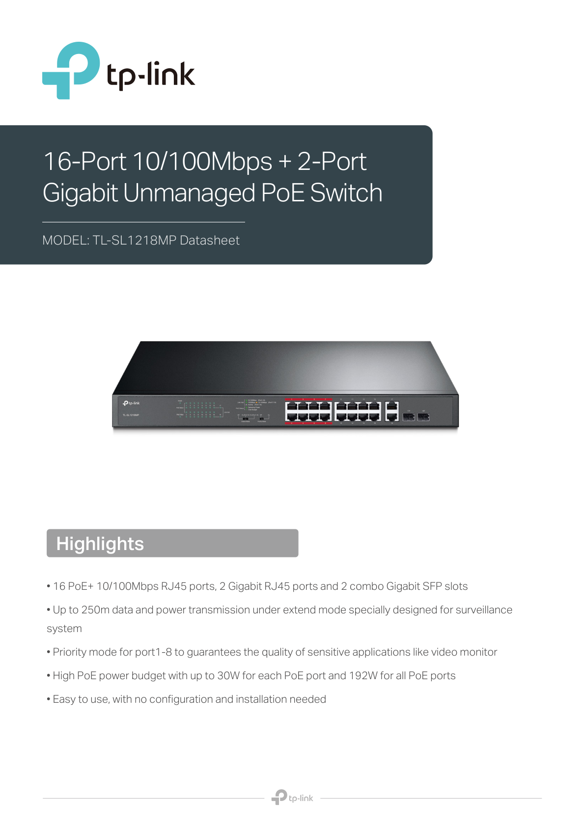 Switch TP-LinkTL-SL1218MP V2 no administrable 16 puertos 10/100 PoE+ max.194W y 4 puertos gigabit (2 x RJ45 y 2 x SFP/combo)