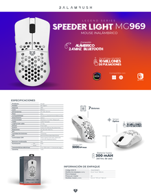 Mouse Balam Rush Speeder Light MG969 Blanco Inalámbrico/Bluetooth Caratula ultra ligera Recargable Tipo C 300mAh 5000DPI Iluminación Led 6 Botones