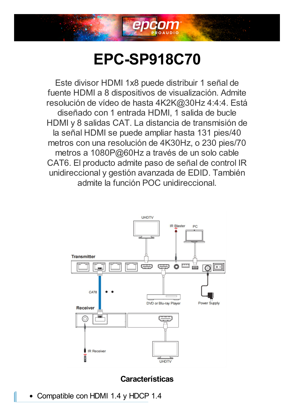 Splitter HDMI 1x8 | Extensor HDMI | 4K@30Hz 40m | 1080p@60Hz 70m | Función PoC |  4:4:4