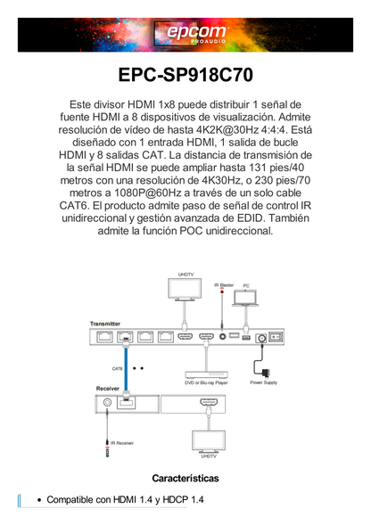 Splitter HDMI 1x8 | Extensor HDMI | 4K@30Hz 40m | 1080p@60Hz 70m | Función PoC |  4:4:4