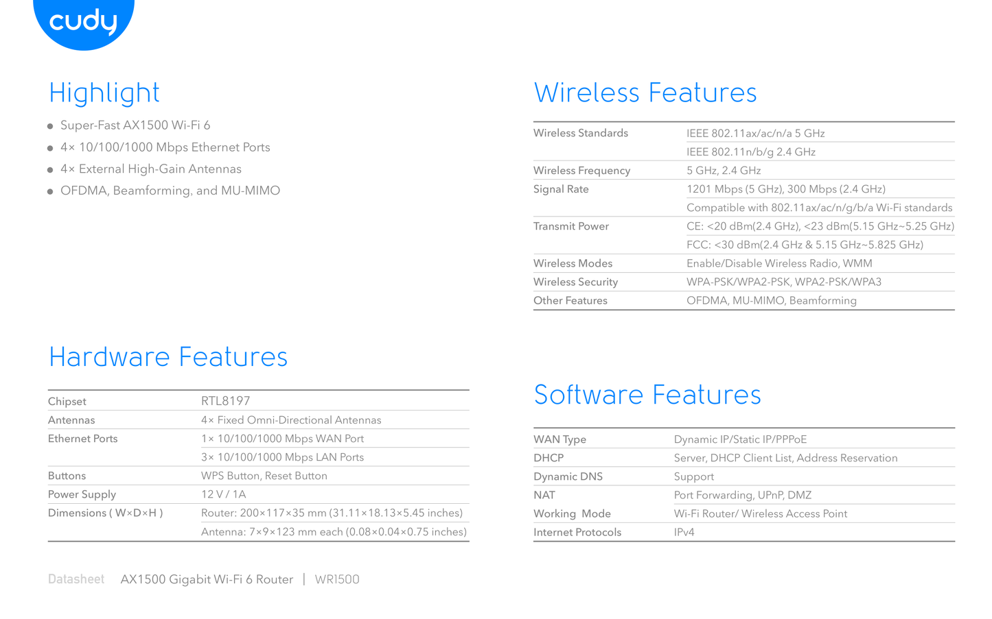 Router Wi-Fi 6 Cudy WR1500 AX1500 OFDMA  Beamforming y MU-MIMO 1 x WAN y 3 x LAN gigabit con 4 antenas externas alta ganancia