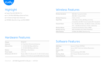 Router Wi-Fi 6 Cudy WR1500 AX1500 OFDMA  Beamforming y MU-MIMO 1 x WAN y 3 x LAN gigabit con 4 antenas externas alta ganancia