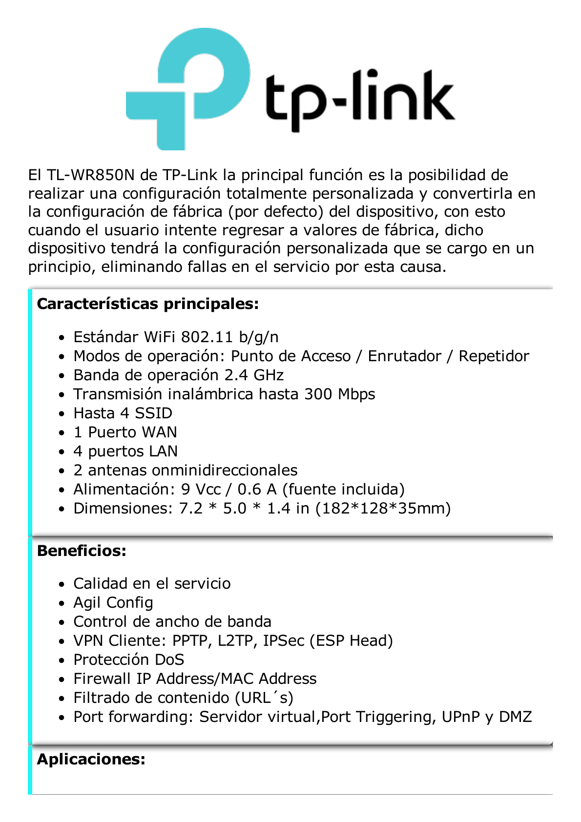 Router Inalámbrico para WISP con Configuración de fábrica personalizable, 2.4 GHz, 300 Mbps, 4 Puertos LAN 10/100 Mbps, 1 Puerto WAN 10/100 Mbps, control de ancho de banda