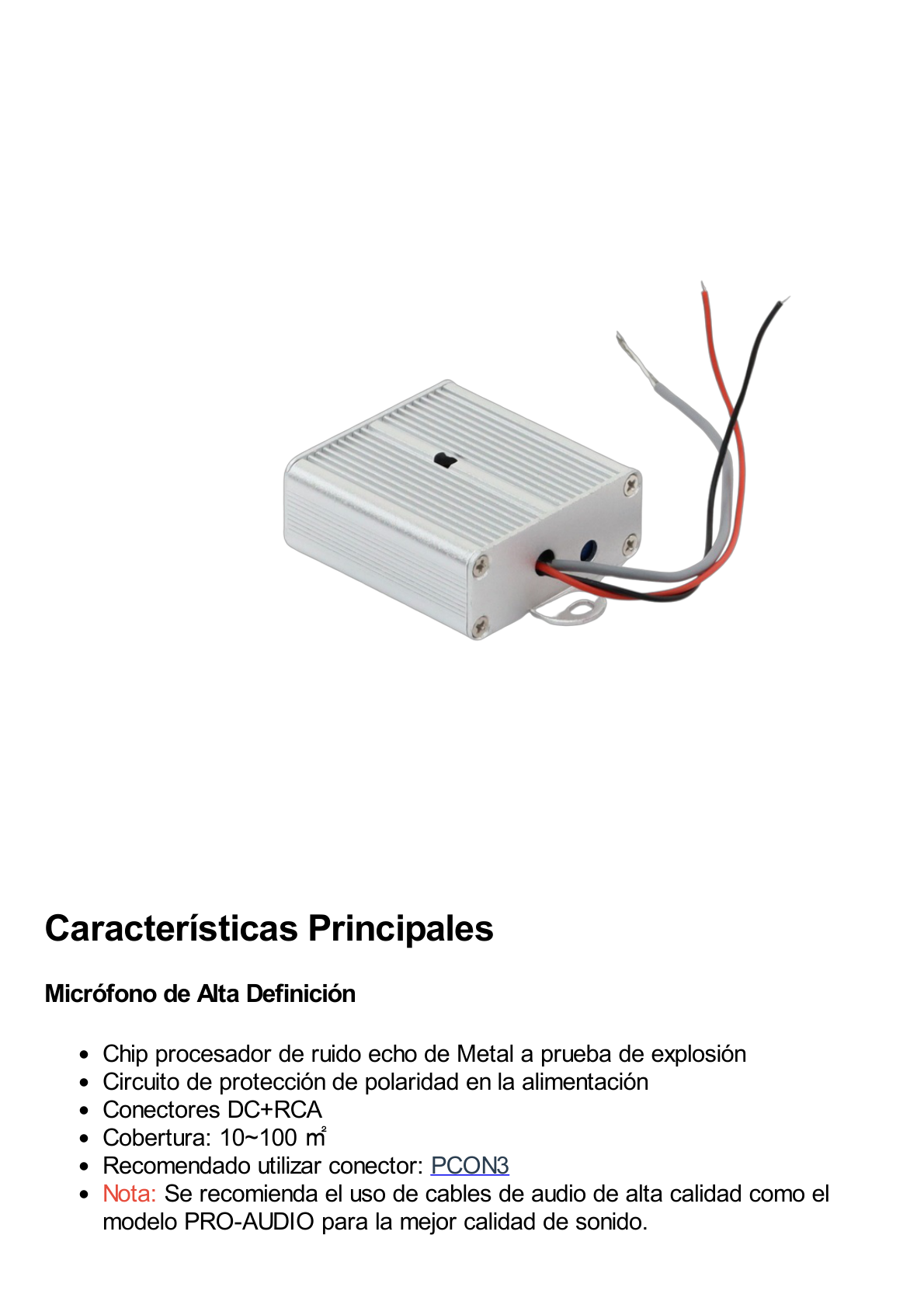 Micrófono omnidireccional, tipo cuadro, con distancia de recepción de 10 - 100 m cuadrados