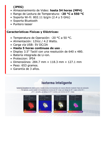 M20W - Cámara Termográfica Portátil Dual / Lente Térmico 3.6 mm (256 x 192) / Lente Óptico (8 Megapixel) / WiFi / IP54 / z MicroSD hasta 64 Gb  / Hasta 6 Horas de Funcionamiento Continuo