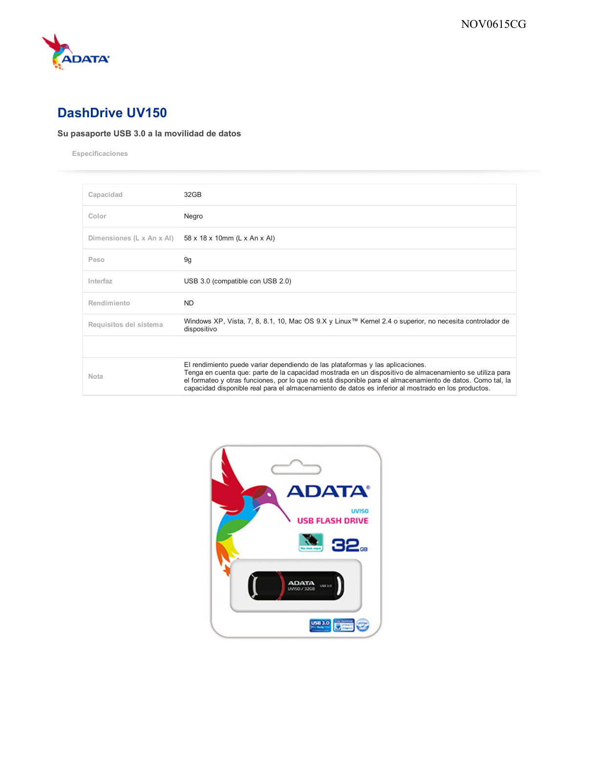 Memoria Adata 32GB USB 3.0 AUV150 Negro