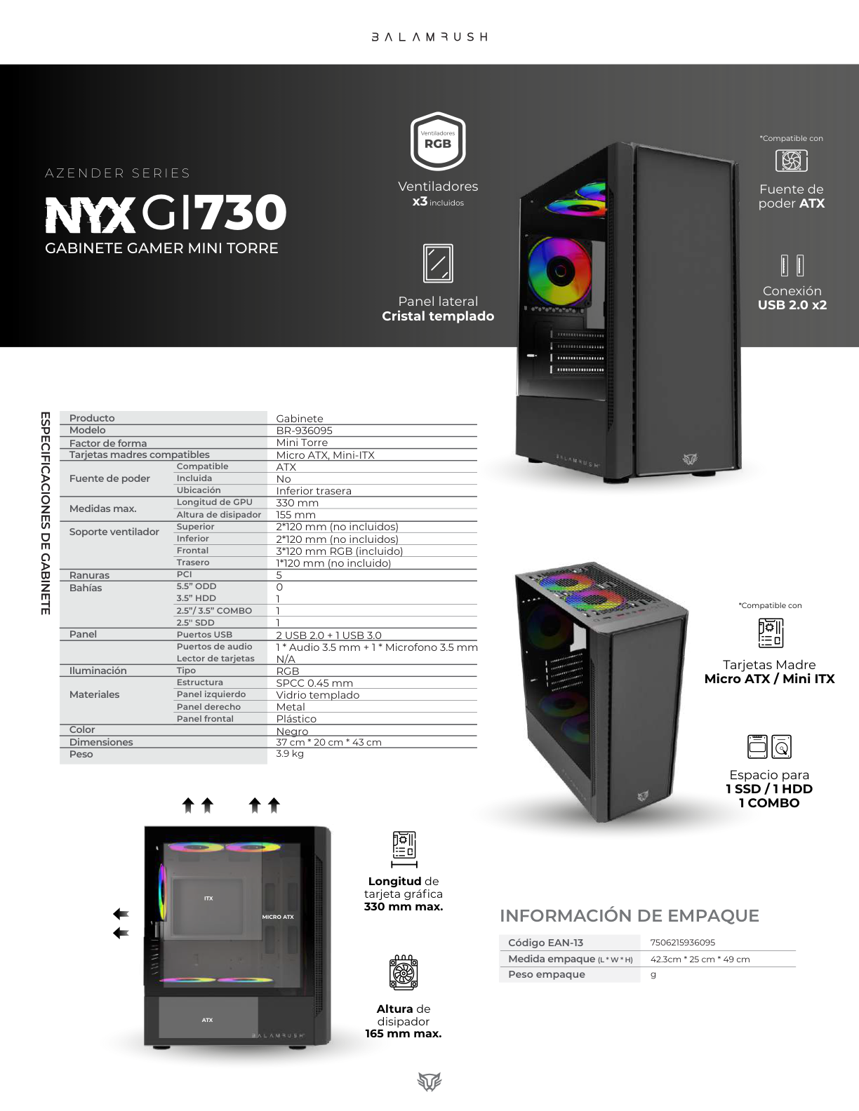 Gabinete Balam Rush Nyx GI730 Blanco Mini torre Max MB ATX Panel Izq Cristal Frente Solido con Ranura 1xUSB 3.0 3xFan RGB Negro