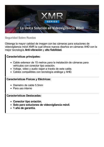 Cable extensor con conector tipo aviación de 15m solo para soluciones de videovigilancia móvil XMR