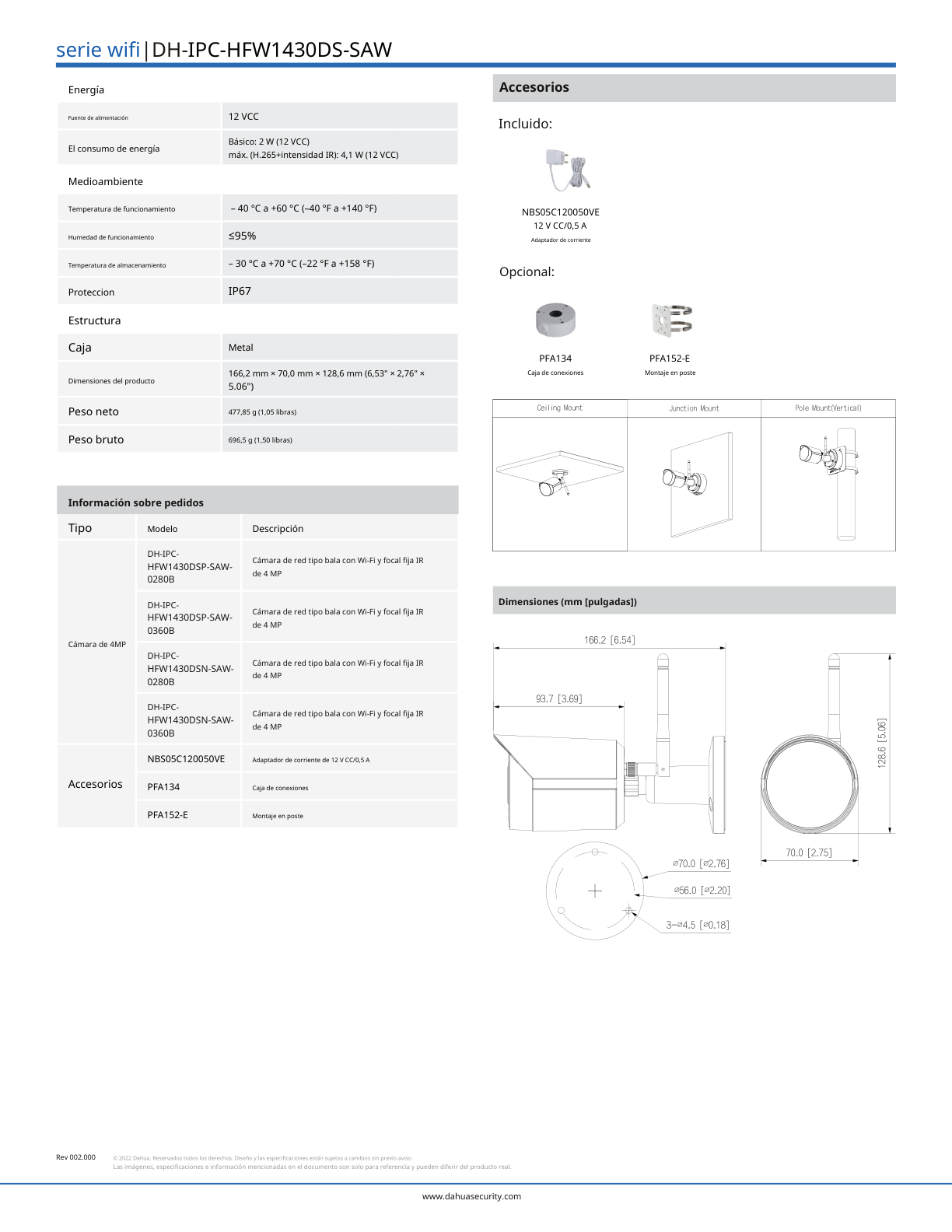 Camara Dahua DH-IPC-HFW1430DS-SAW IP bullet WIFI 4 mpx lente 2.8 mm IR 30 m metalica microfono 90 gds apertura h.265 IP67