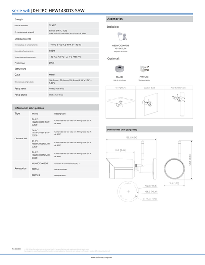 Camara Dahua DH-IPC-HFW1430DS-SAW IP bullet WIFI 4 mpx lente 2.8 mm IR 30 m metalica microfono 90 gds apertura h.265 IP67