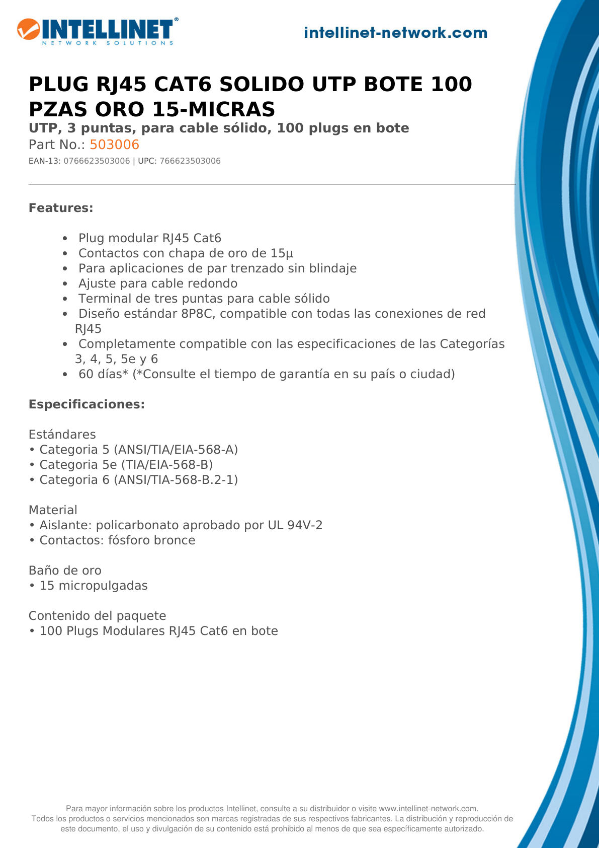 PLUG INTELLINET RJ45 SOLIDO CAT 6 100 PZAS