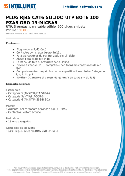 PLUG INTELLINET RJ45 SOLIDO CAT 6 100 PZAS