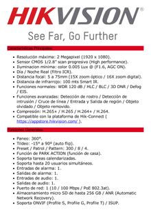 Domo PTZ IP 2 Megapixel / 15X Zoom / 100 mts IR / IP66 / ACUSENSE / DARKFIGHTER / WDR 120 dB / Entrada y Salida de Audio y Alarmas / HLC / EIS / PoE+ / MicroSD