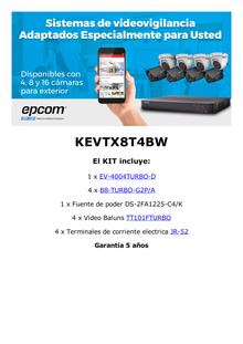 KIT TurboHD 1080p / DVR 4 Canales / 4 Cámaras Bala Policarbonato con Audio Integrado (exterior 2.8 mm) / Transceptores / Conectores / Fuente de Poder Profesional