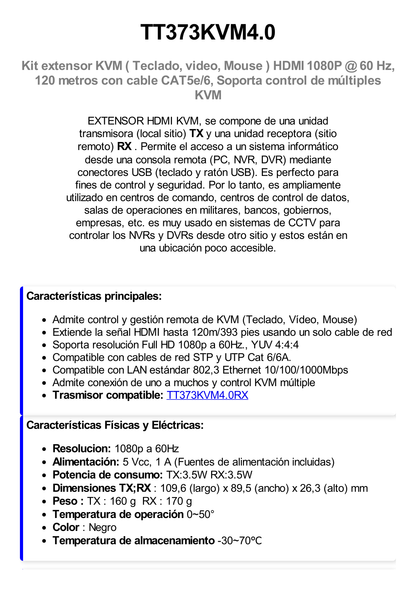 Kit extensor KVM (HDMI y USB) hasta 120 metros / Resolución 1080P @ 60 Hz / Soporta STP y UTP CAT6 /  Soporta Switch Gigabit para control KVM múltiple / Soporta hasta 253 receptores / Transmite el Video y Controla tu DVR vía USB