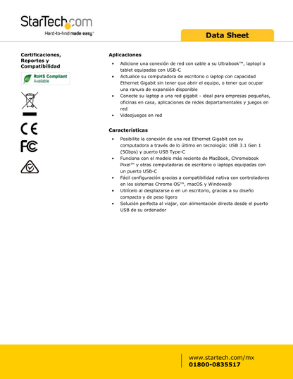 ADAPTADOR STARTECH DE RED ETHERNET GIGABIT USB-C - ADAPTADOR EXTERNO USB 3.01GEN 1 USB 3.1 - 1 PUERTO(S) - 1 - PAR TRENZADO