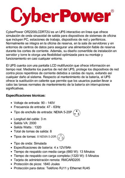 UPS de 2000 VA/1320 W, Topología Línea Interactiva, Entrada 120 Vca NEMA 5-20P, Torre o Rack 2 UR, Con 8 Tomas NEMA 5-20R