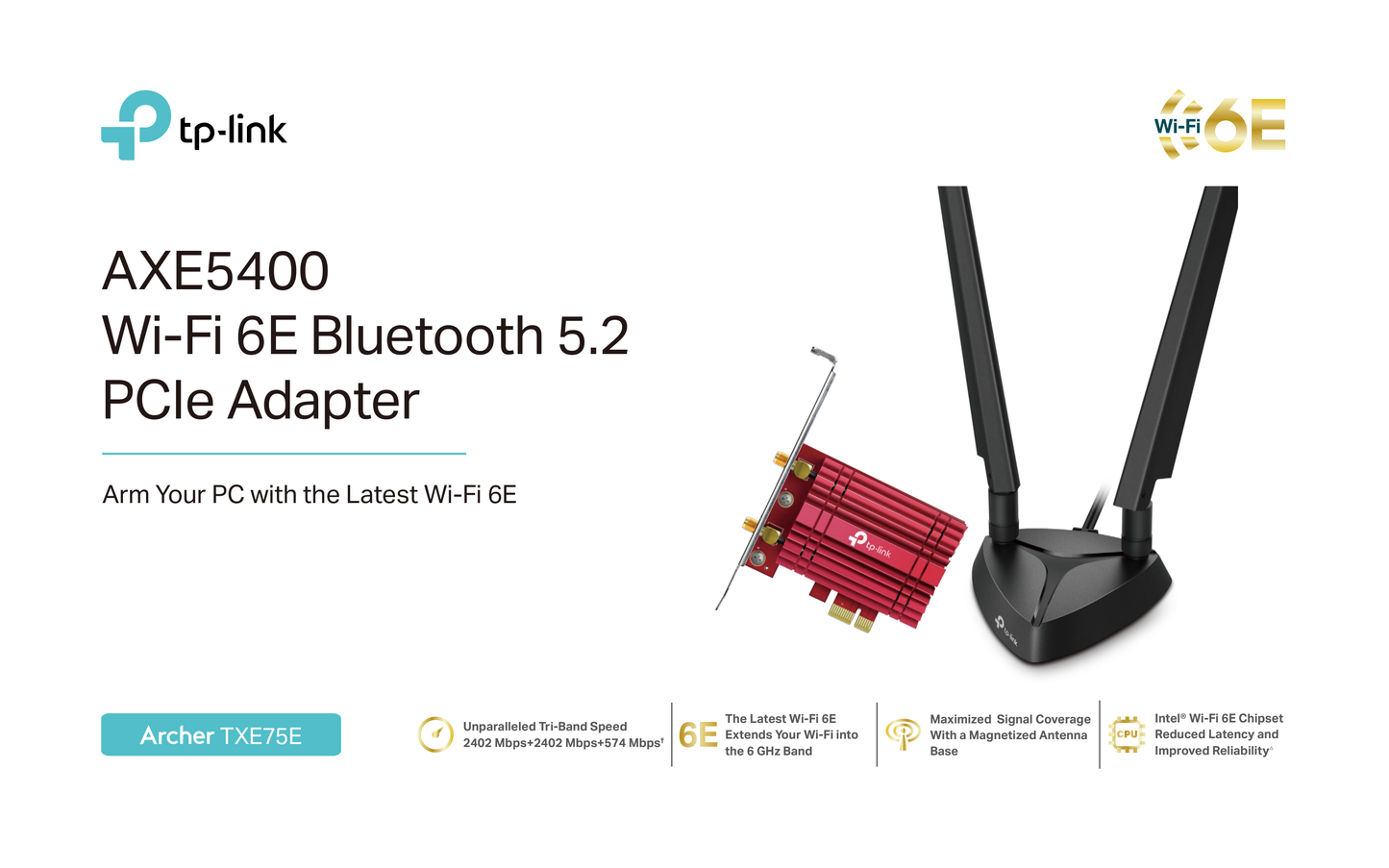 Adaptador inalámbrico PCIe TP-Link Archer TXE75E Wi-Fi 6E AXE5400 Tri-banda 6GHz+5GHz+2.4GHz Bluetooth 5.2 base con 2 antenas