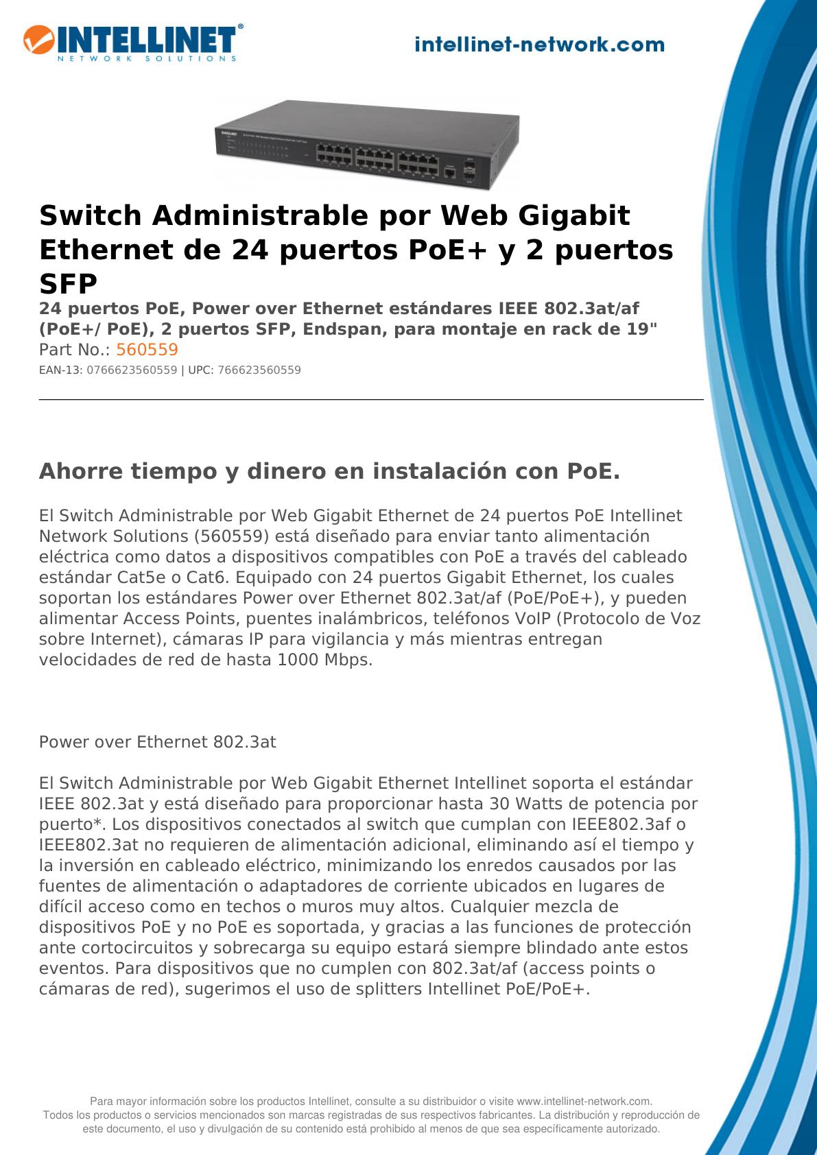 Switch PoE Intellinet administrable Gigabit 24 puertos 30W/pto 240W 2 SFP