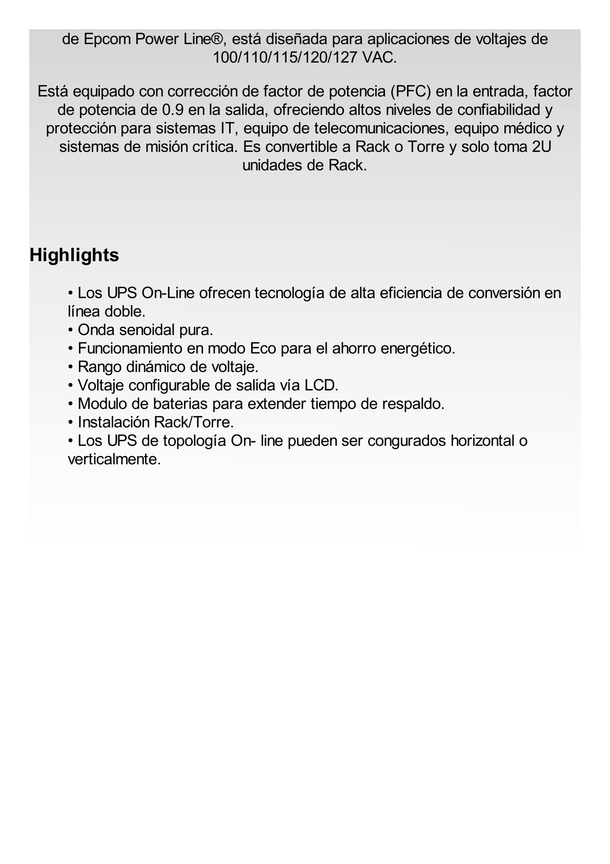 UPS de 2000VA/1800W / Topología On-Line Doble Conversión / Entrada y Salida de 120 Vca / Clavija de Entrada NEMA 5-20P / Pantalla LCD Configurable / Formato Rack/Torre