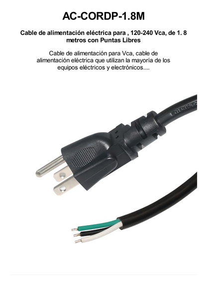 Cable de Alimentación Eléctrica para 120-240 Vca / 1. 8 metros / 3 Fases / Cables Libres