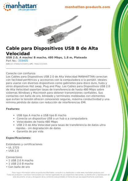 CABLE MANHATTAN PARA IMPRESORA USB A-B 1.8M PLATA